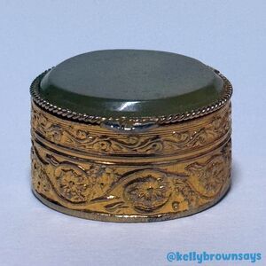 Vintage Ornate Miniature Pill Box with Jade-Style Lid – Gold-Tone Floral Design